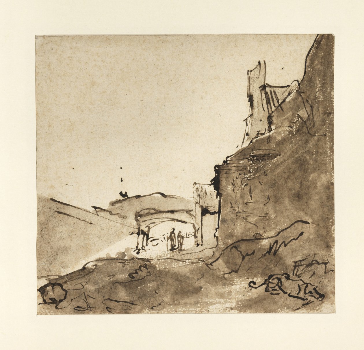 城镇的郊区有墙壁和门口，c.1627-28（印度墨水在纸上洗） 作者 伦勃朗·范·赖恩