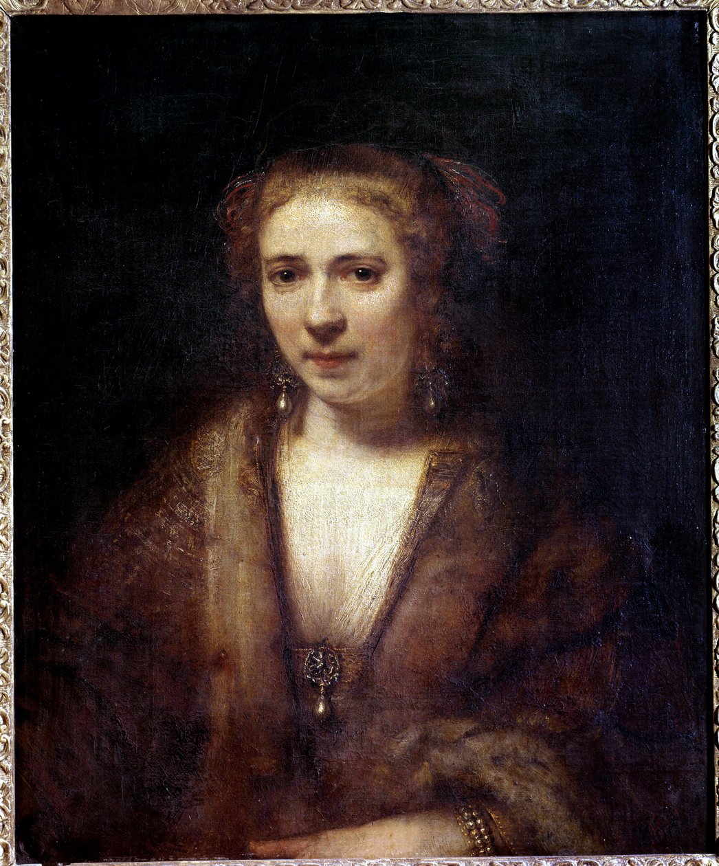 Hendrickje Stoffels (1625-1663) 在天鹅绒贝雷帽的肖像，画家的伴侣 Harmensz Van Rijn Rembrandt (1606-1669) 17 世纪太阳。 0,61x0,74 m 作者 伦勃朗·范·赖恩