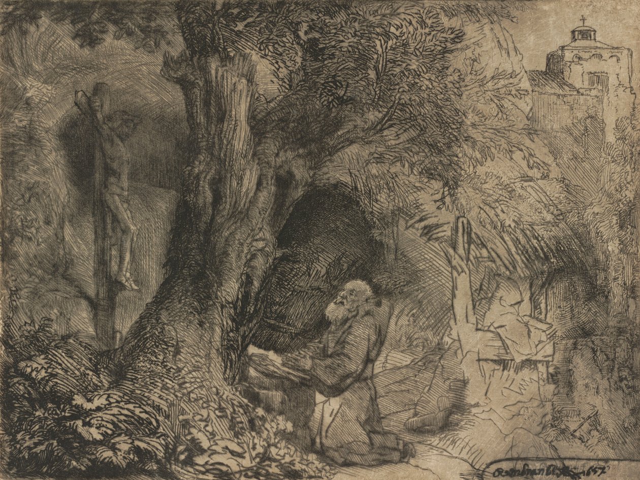 在树下祈祷的圣弗朗西斯，1657年。 作者 伦勃朗·范·赖恩
