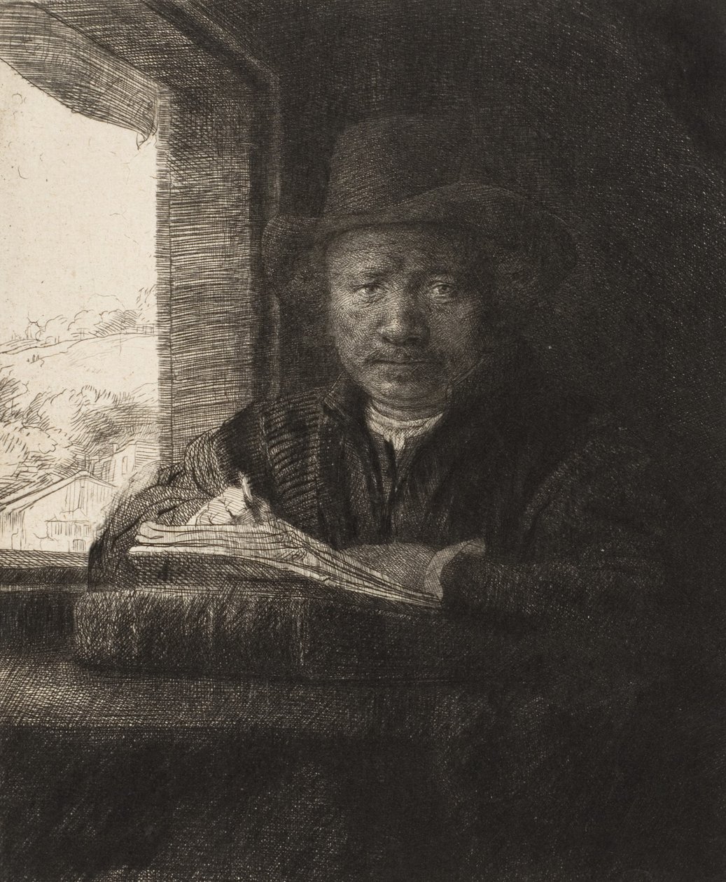 窗户前的自画像蚀刻，1648., 1648. 作者 伦勃朗·范·赖恩