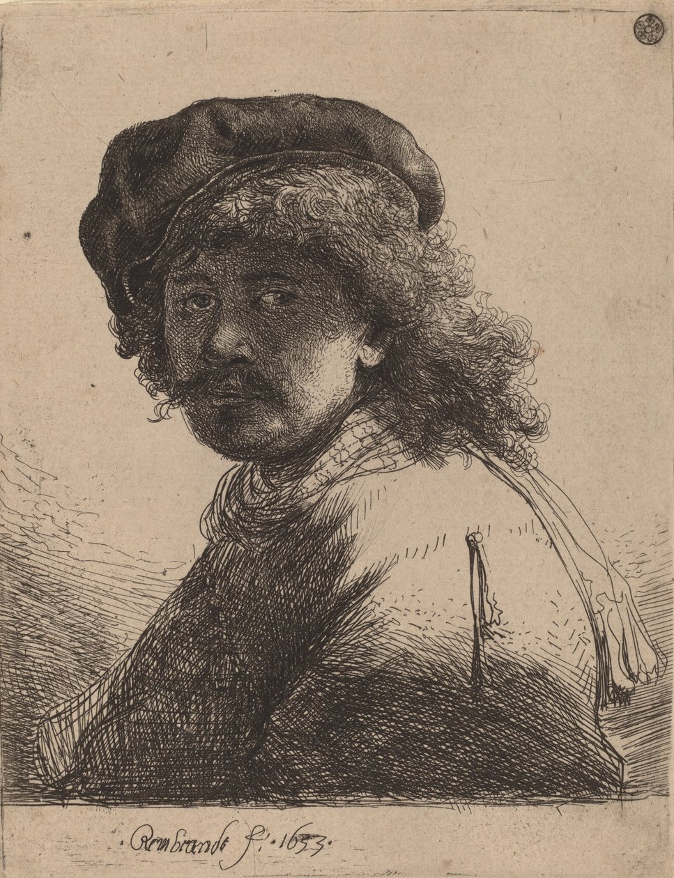 戴着帽子和围巾的自画像，脸色暗淡，1633年。 作者 伦勃朗·范·赖恩