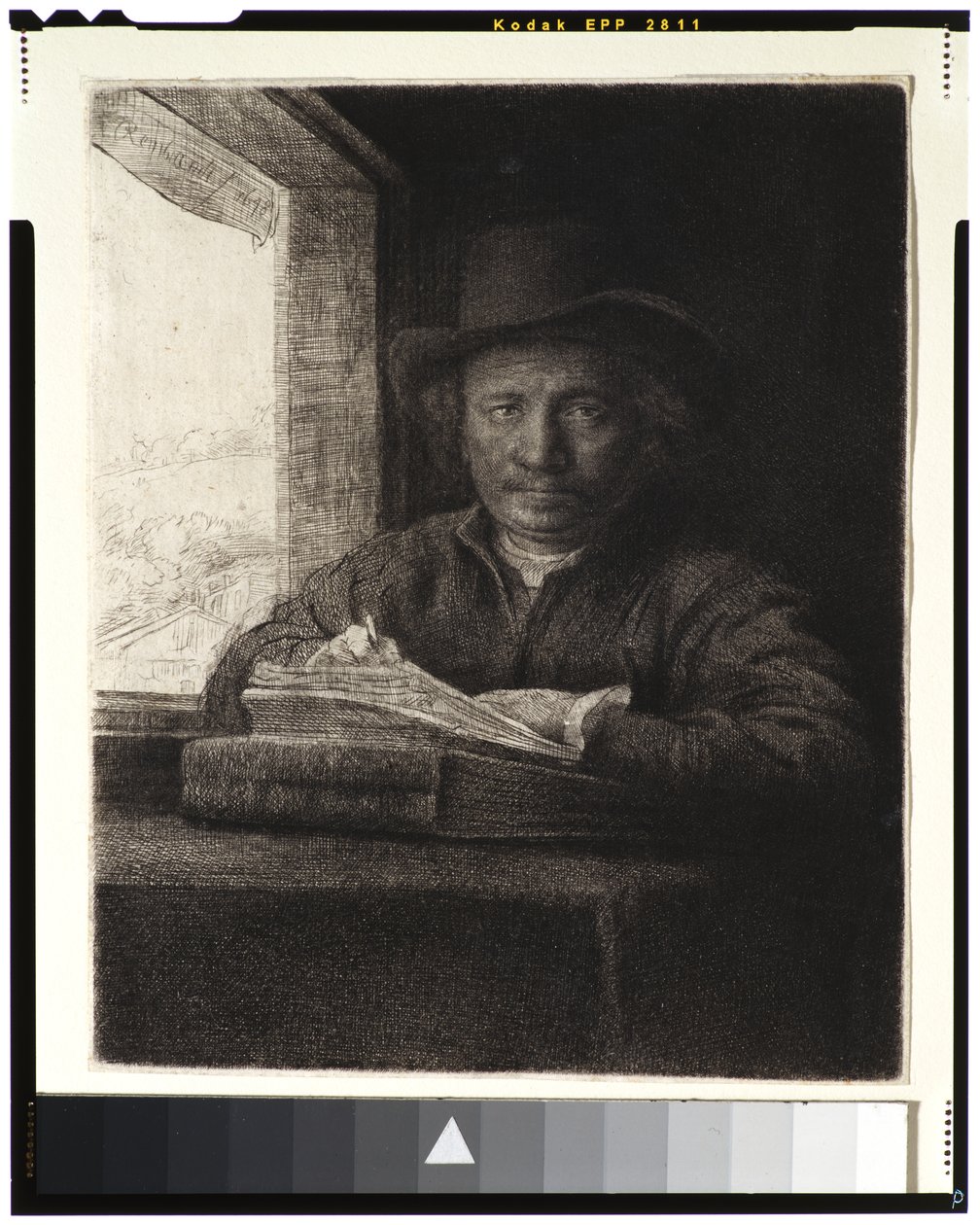 自画像，窗户蚀刻，1648（在纸上蚀刻和雕刻） 作者 伦勃朗·范·赖恩