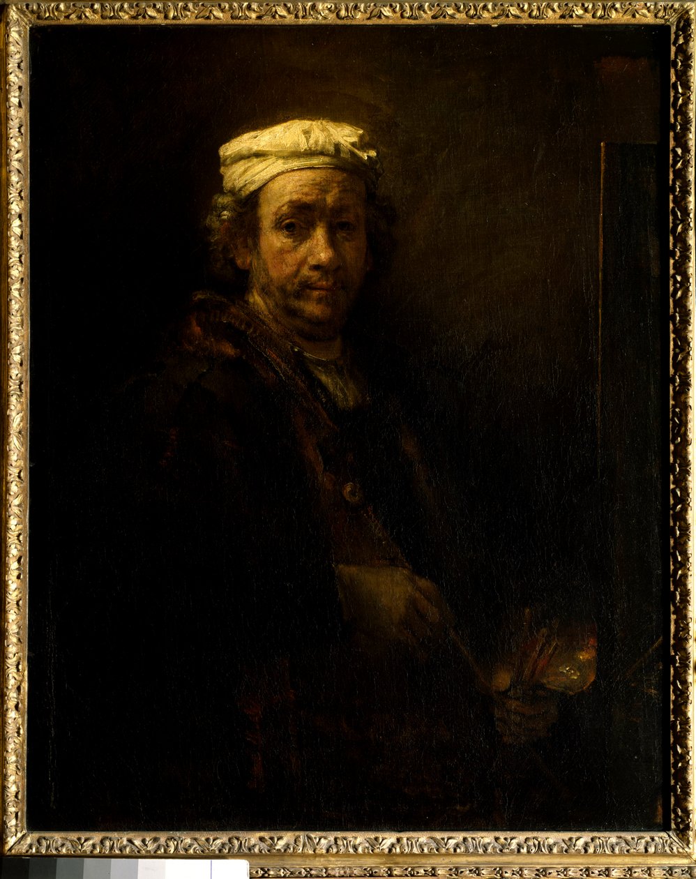 画架上的自画像。 伦勃朗 Harmenszoon van Rijn dit Rembrandt (1606-1669) Ec. 的绘画。 空洞的。 作者 伦勃朗·范·赖恩