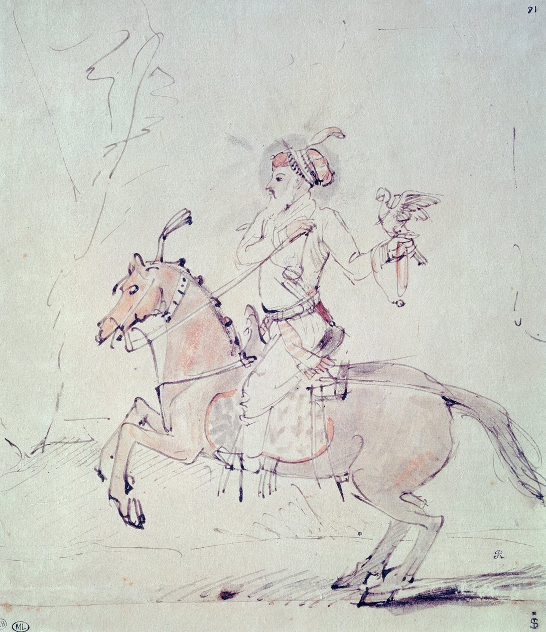 Shah Jehan和马背上的猎鹰（钢笔和墨水在纸上） 作者 伦勃朗·范·赖恩