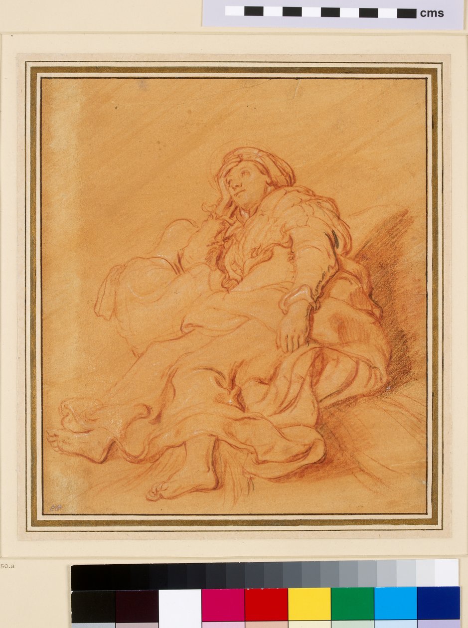 Study of the Figure of Rachel, c.1621 (red chalk with black and white chalk on orange prepared paper) 作者 伦勃朗·范·赖恩