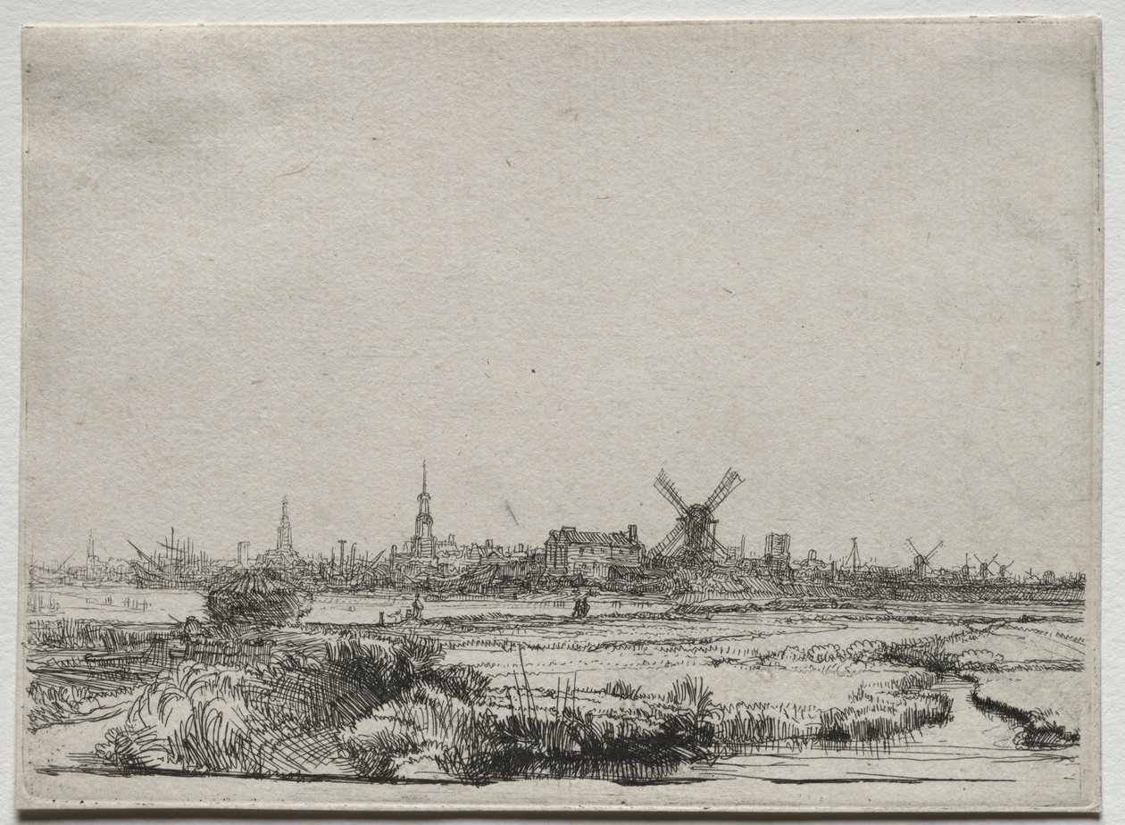 从西北看阿姆斯特丹的风景，c。 1640。 作者 伦勃朗·范·赖恩