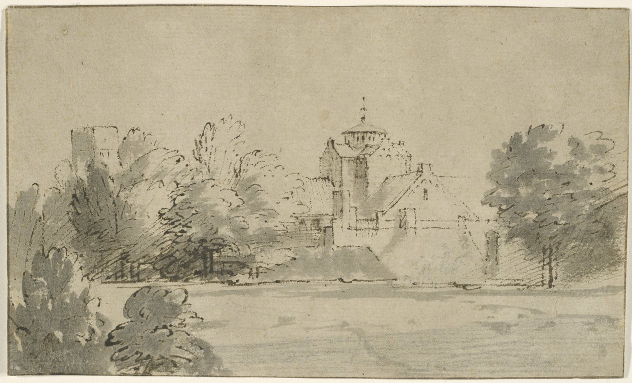 从南方的乌得勒支观看Mariakerk，c.1652（纸和笔在纸上洗） 作者 伦勃朗·范·赖恩