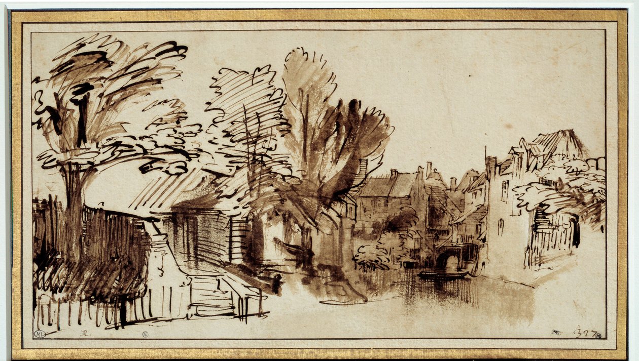 阿默斯福特辛格尔运河的景色。 Harmensz Rembrandt (1606-1669) 的绘画 作者 伦勃朗·范·赖恩