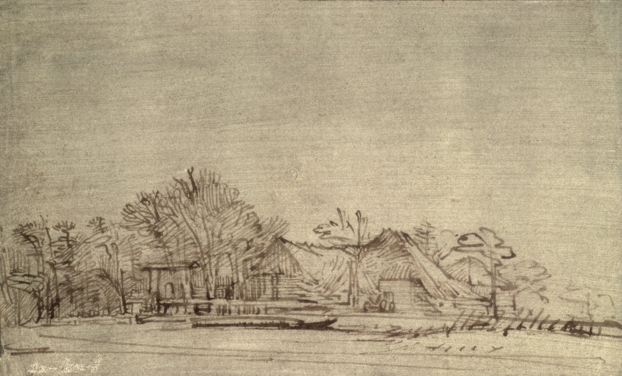 冬季景观与树木之间的小屋，c.1650（芦苇笔和棕色墨水） 作者 伦勃朗·范·赖恩