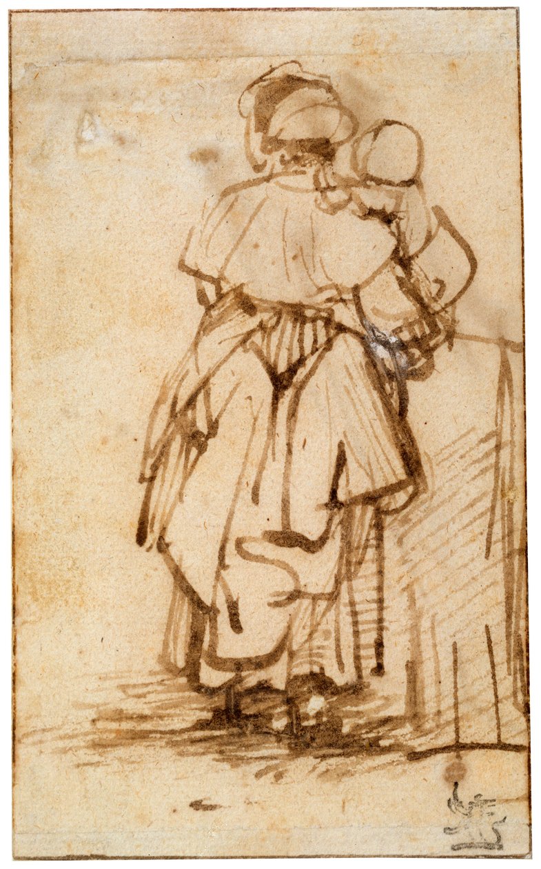 1640年代，有一个孩子的女人在她的腿上。 作者 伦勃朗·范·赖恩