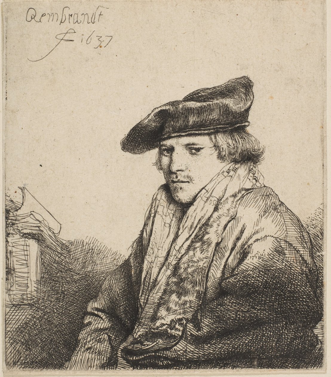 天鹅绒帽的年轻男子Ferdinand Bol，1637年。 作者 伦勃朗·范·赖恩