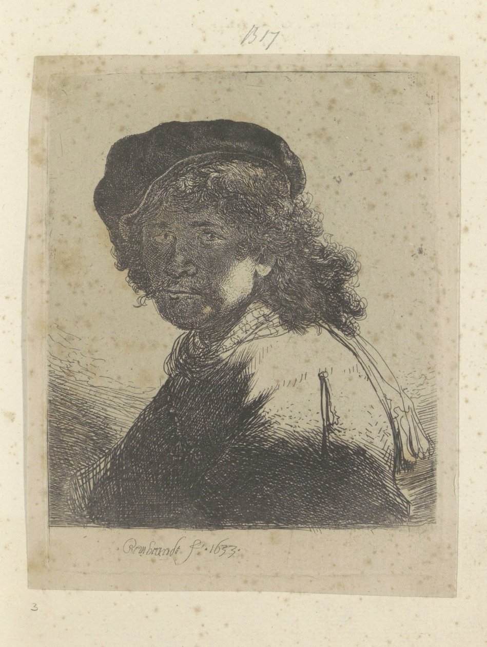 戴贝雷帽和领巾的自画像，脸部在阴影中
Recueil de quatre-vingt-cinq estampes originales（系列名称） 作者 伦勃朗·范·赖恩