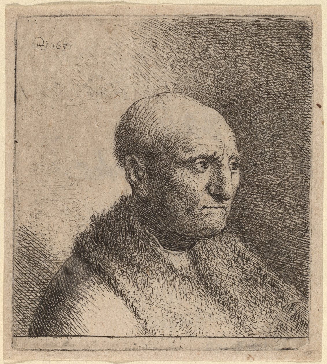 穿皮草斗篷的秃头男人 作者 Rembrandt van Rijn 和伦勃朗工作室