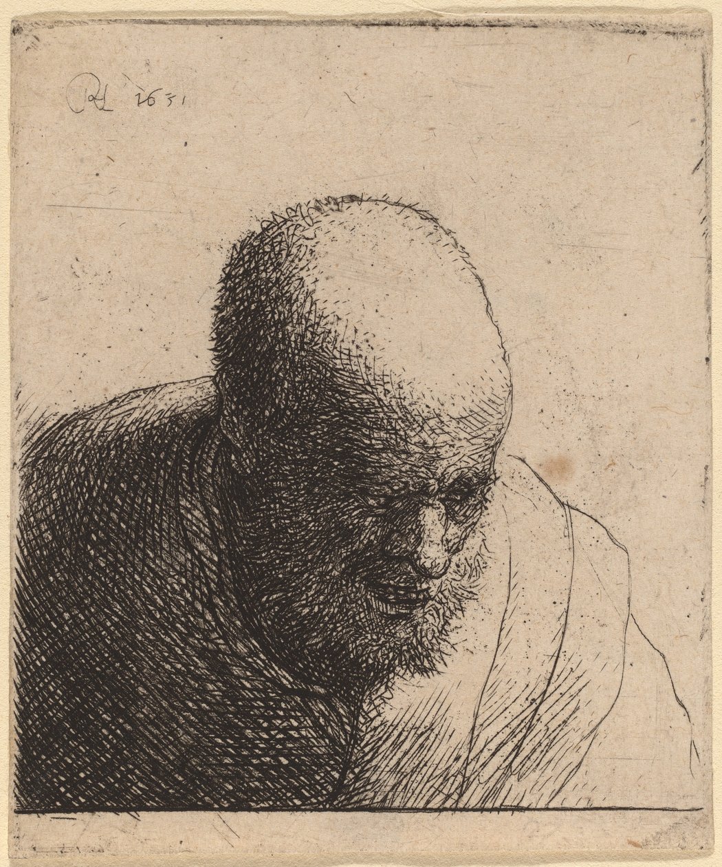 秃头男子张着嘴，往下看 作者 Rembrandt van Rijn 和伦勃朗工作室