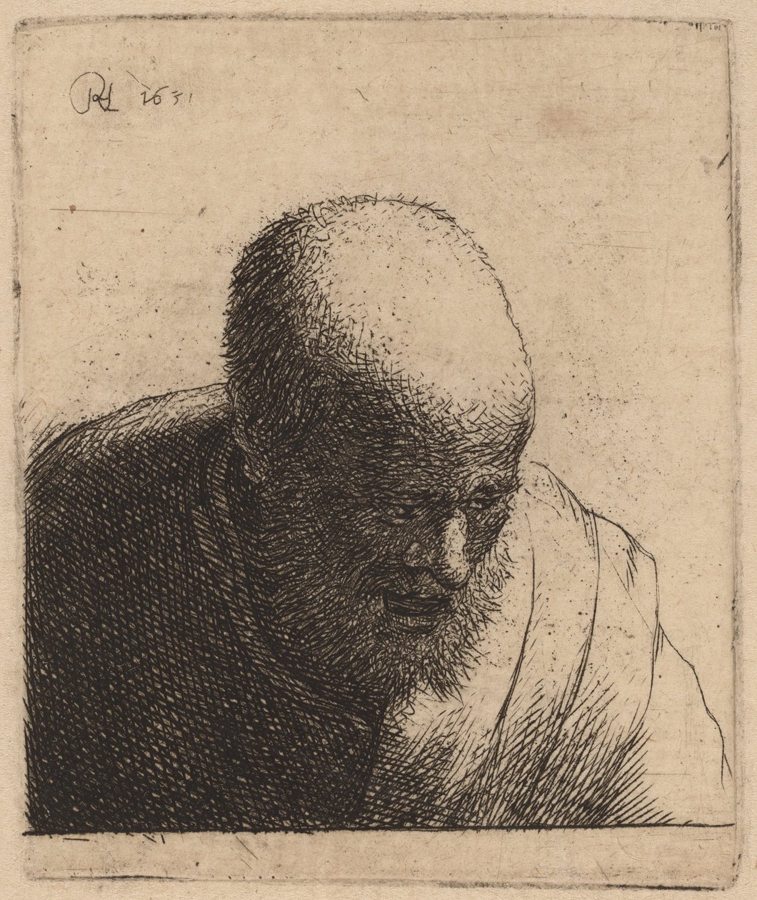 张嘴俯视的秃头男子 作者 Rembrandt van Rijn 和伦勃朗工作室