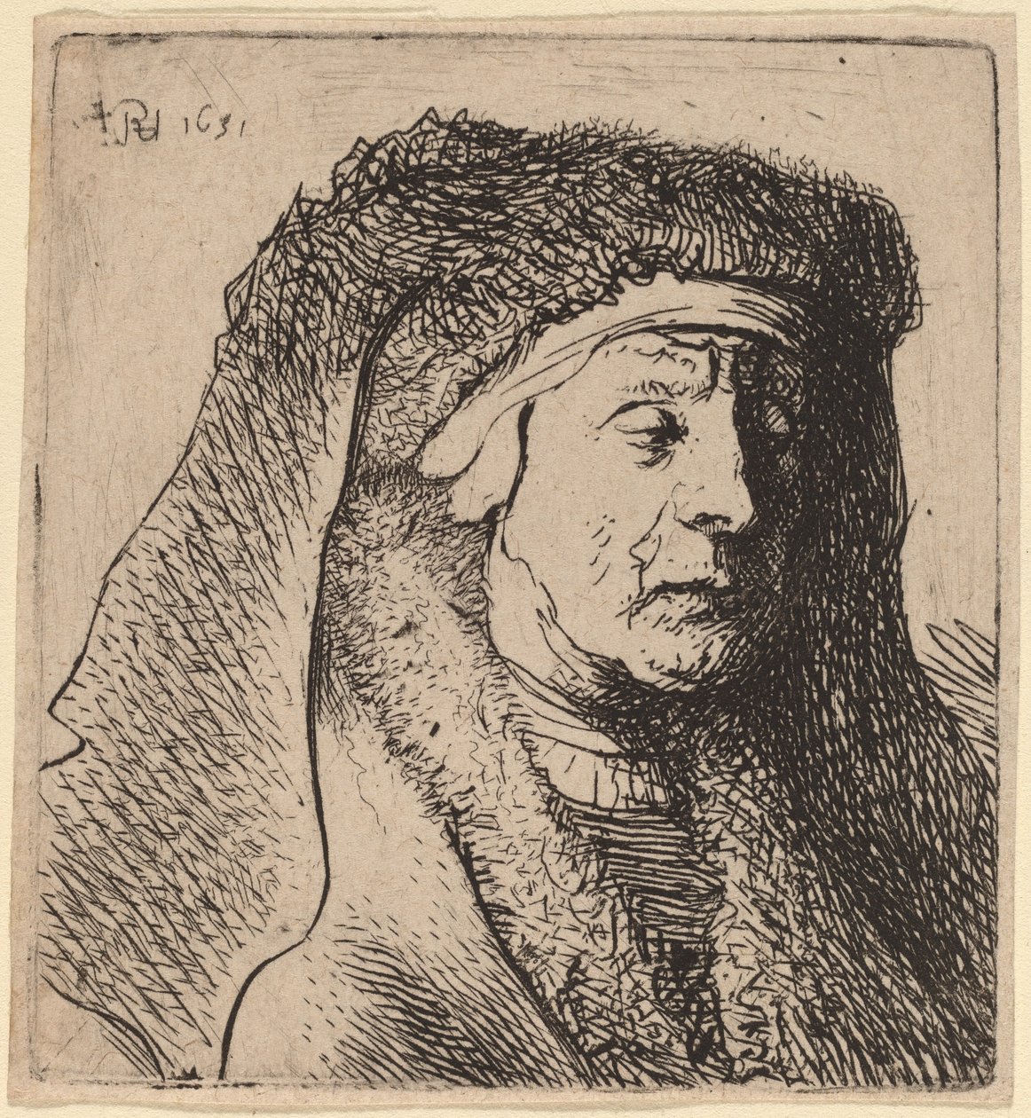 身披毛皮斗篷、头戴厚重头饰的老妇人半身像 作者 Rembrandt van Rijn 和伦勃朗工作室