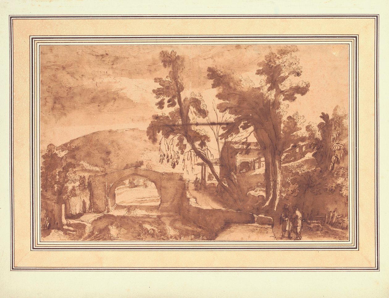 山间风景，河上有桥，右侧农庄旁的道路上有人物（纸上水墨与粉笔画） 作者 雷米吉奥·坎塔加琳娜（Remigio Cantagallina）
