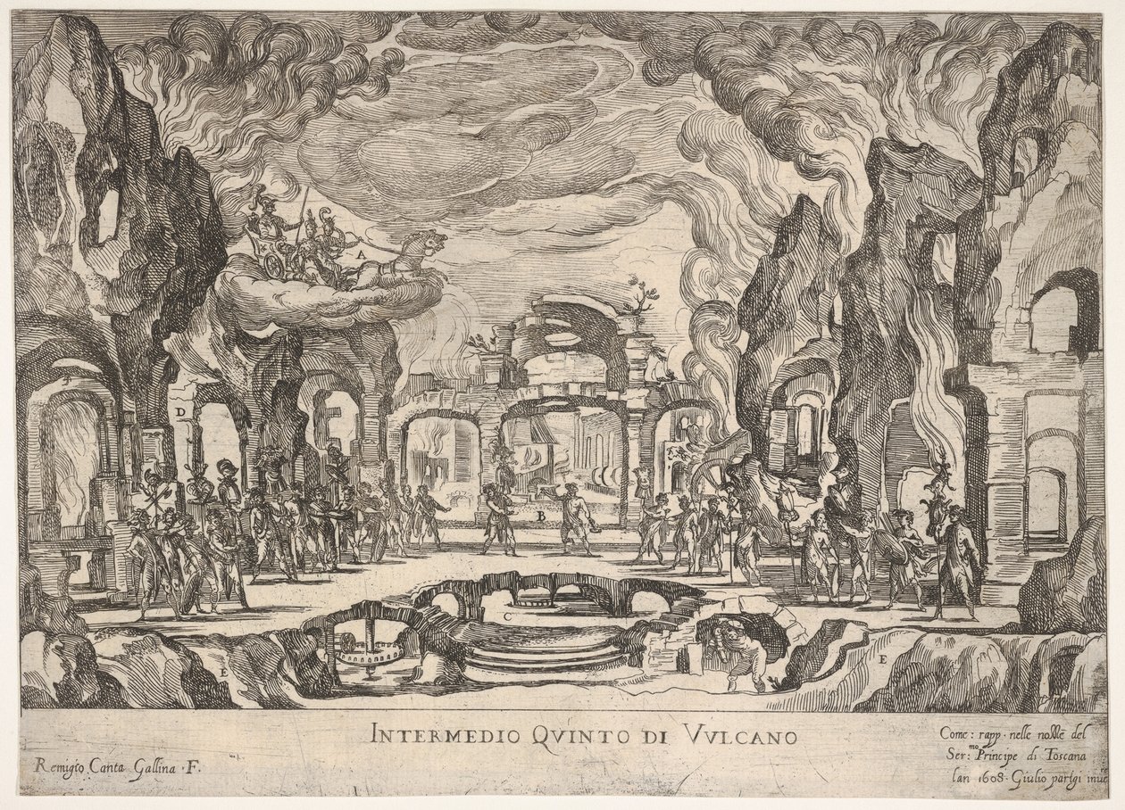 第五次插曲：1608年《七次插曲...》系列中的火神Intermedio quinto di Volcano。 作者 雷米吉奥·坎塔加琳娜（Remigio Cantagallina）