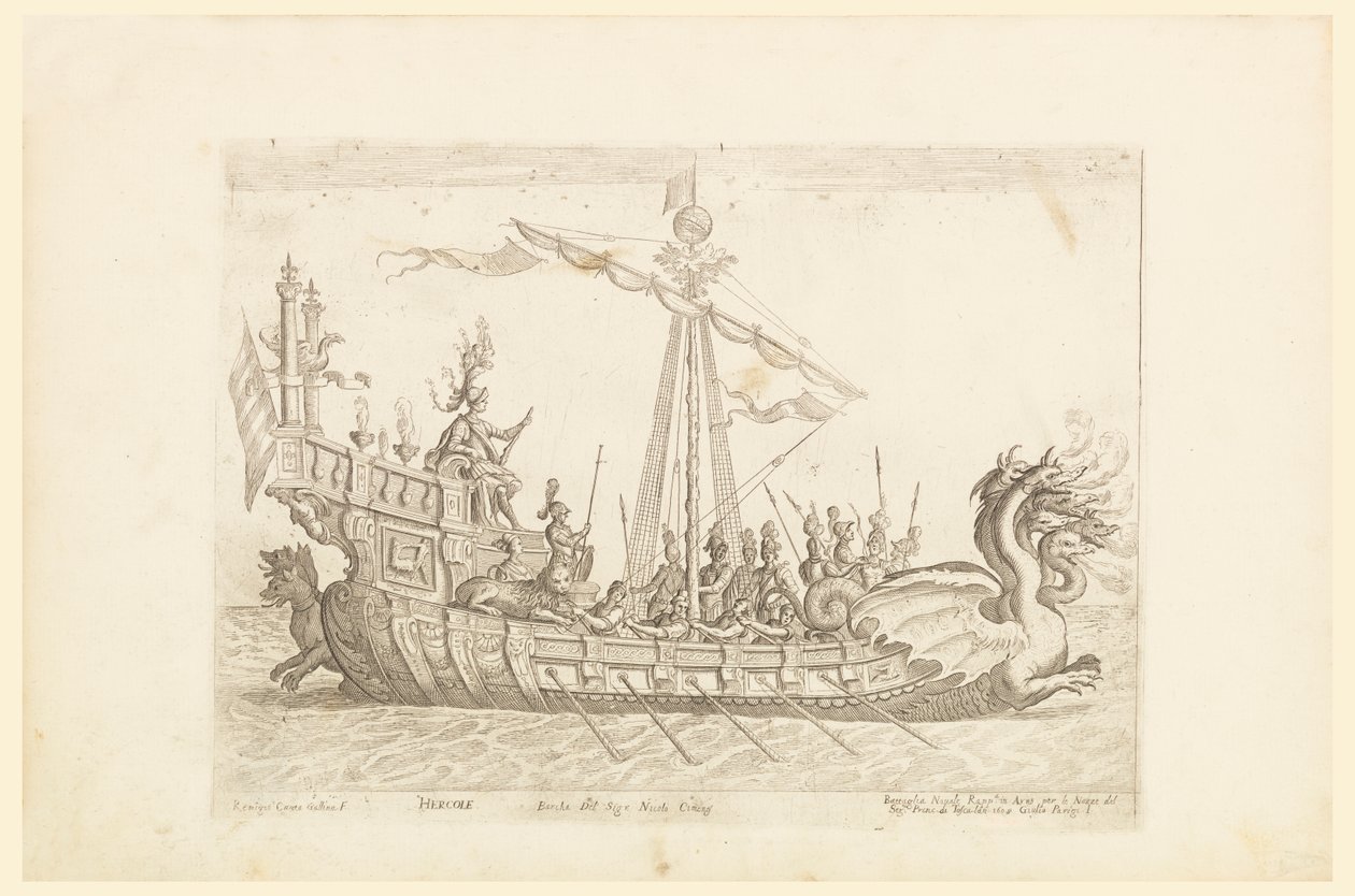 Hercole barca del Sig.尼科洛-西梅内斯，选自 1608 年科西莫-美第奇婚礼庆典上的 "阿贡船"，图版 19 作者 雷米吉奥·坎塔加琳娜（Remigio Cantagallina）