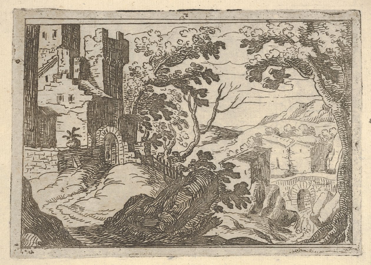 左面有建筑物，右下有一座桥，大约有景观。 1620-50。 作者 雷米吉奥·坎塔加琳娜（Remigio Cantagallina）