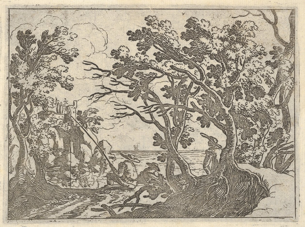 与陆上的渔夫和男性围观者在树下，一个船头的人下的风景...，ca。 1620-50。 作者 雷米吉奥·坎塔加琳娜（Remigio Cantagallina）