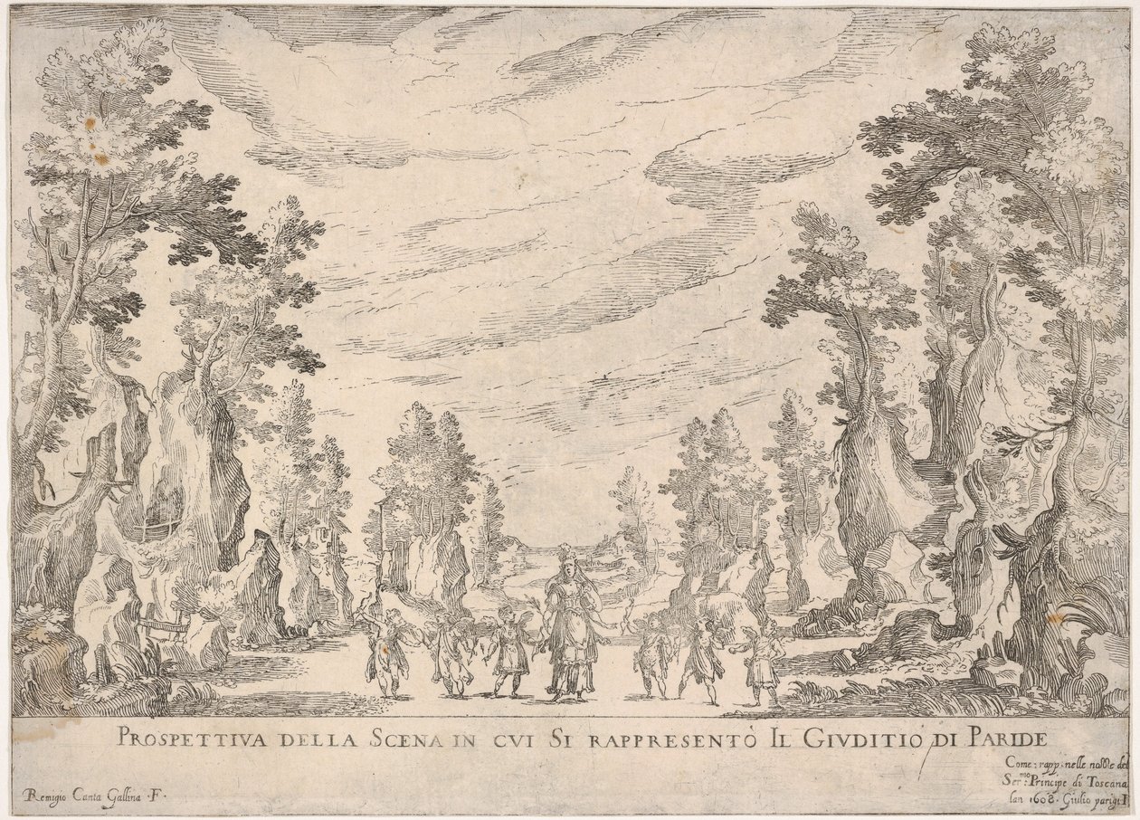 代表巴黎现场的审判的景象Prospettiva della scena i ...，1608。 作者 雷米吉奥·坎塔加琳娜（Remigio Cantagallina）