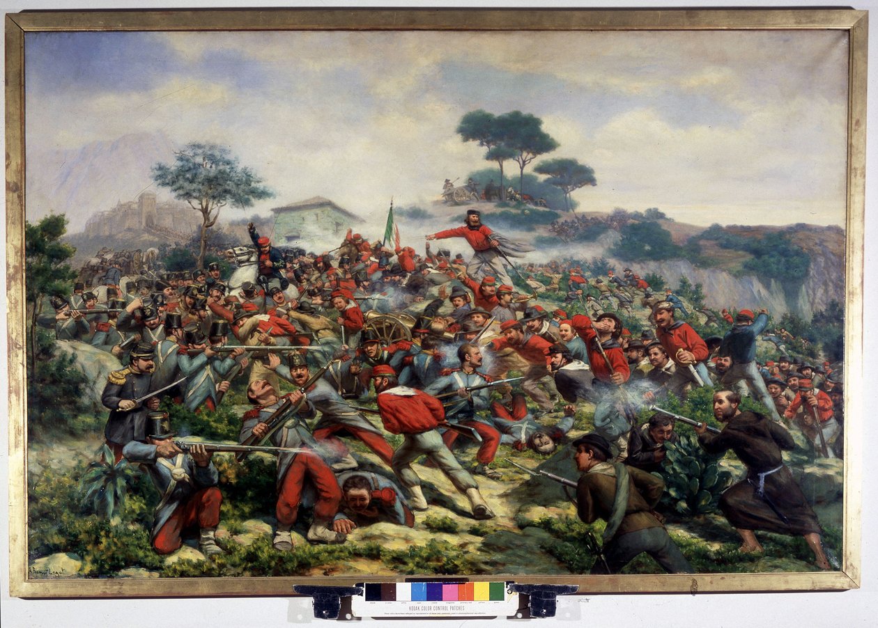 Risorgimento：西西里岛的卡拉塔菲米战役与朱塞佩·加里波第 (1807-1882) 的军队对抗，千人拥有两个西西里王国的军队，15/05/1860 由 Remigio Legat 绘制。 复兴博物馆。 米兰 作者 雷米吉奥·莱格特