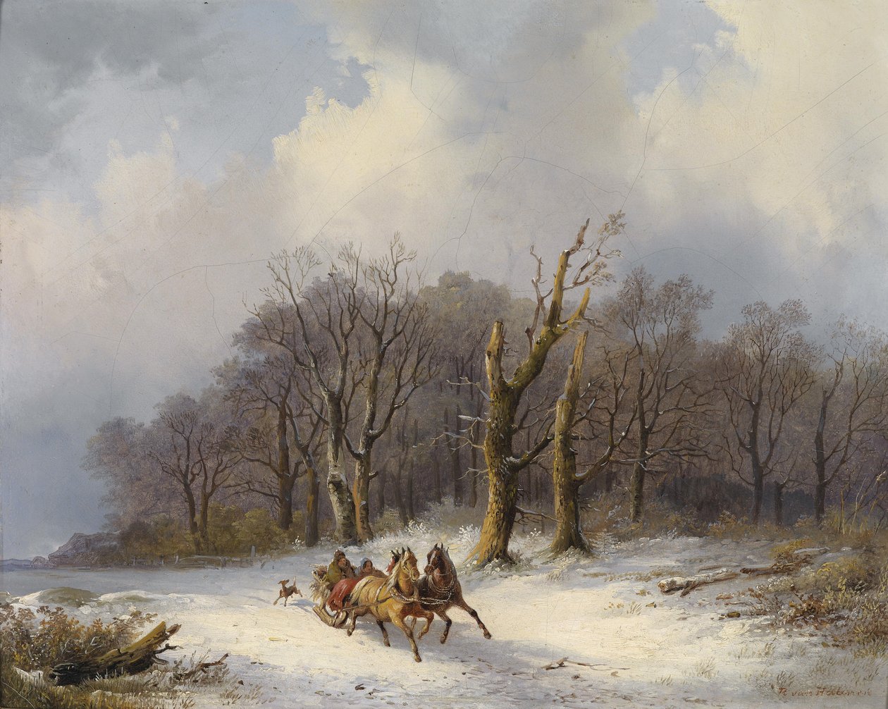 与雪橇的冬天风景在前景 作者 雷米纽斯·阿德里安·哈南（Remigius Adrianus Haanen）