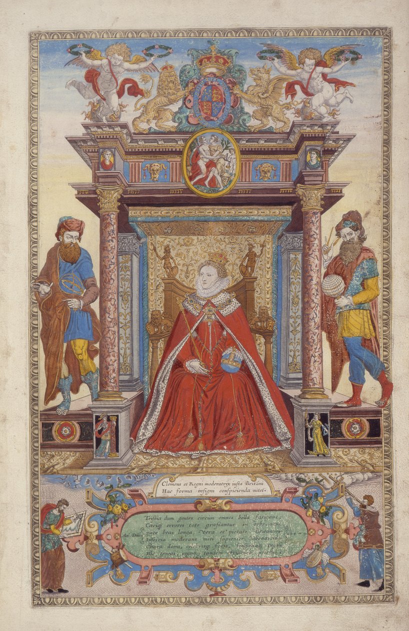 来自英格兰和威尔士地图集的Frontspiece，作者：Christopher Saxton（b.1542）1590（手工彩色雕刻） 作者 雷根纽斯·霍根伯格（Remigius Hogenbergh）