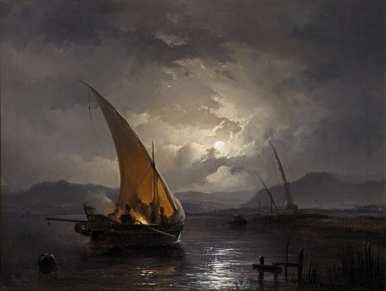 1860年后，一艘带帆船的夜景被点着火（布面油画） 作者 雷米格斯·范·哈嫩（Remigius van Haanen）