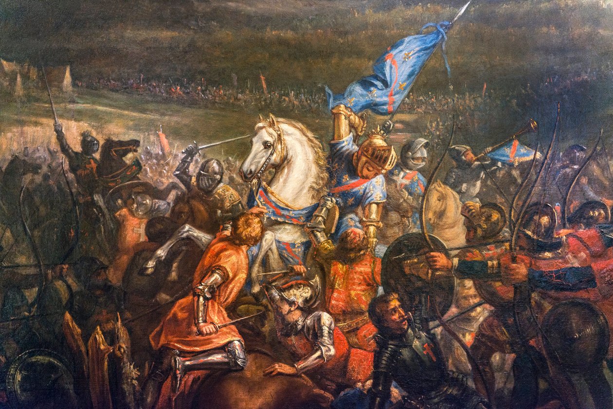 百年战争：1450 年 4 月 15 日，托马斯·基里尔（Thomas Kyriell，1396-1461 年）的英国军队与让·德·克莱蒙（Jean de Clermont，卒于 1356 年）的英国军队之间发生了福米尼（卡尔瓦多斯）之战 - 雷米·尤金·朱利安 (Remy Eugene Julien) 绘画的细节（ 1797-1868) - 艺术与历史博物馆男爵 作者 雷米·尤金·朱利安