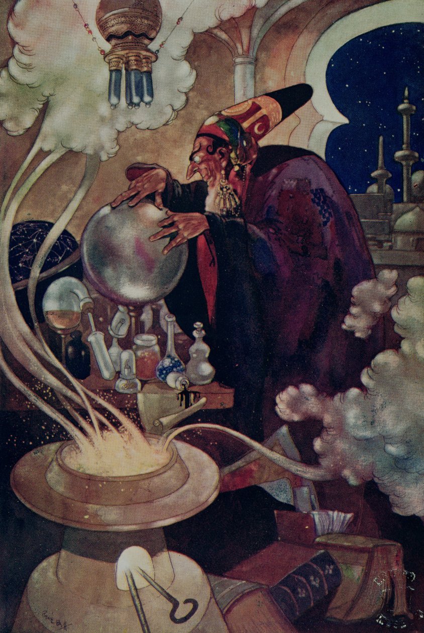 "经过漫长而谨慎的魔法探究"，选自《一千零一夜》（彩色石版画） 作者 雷内·布尔