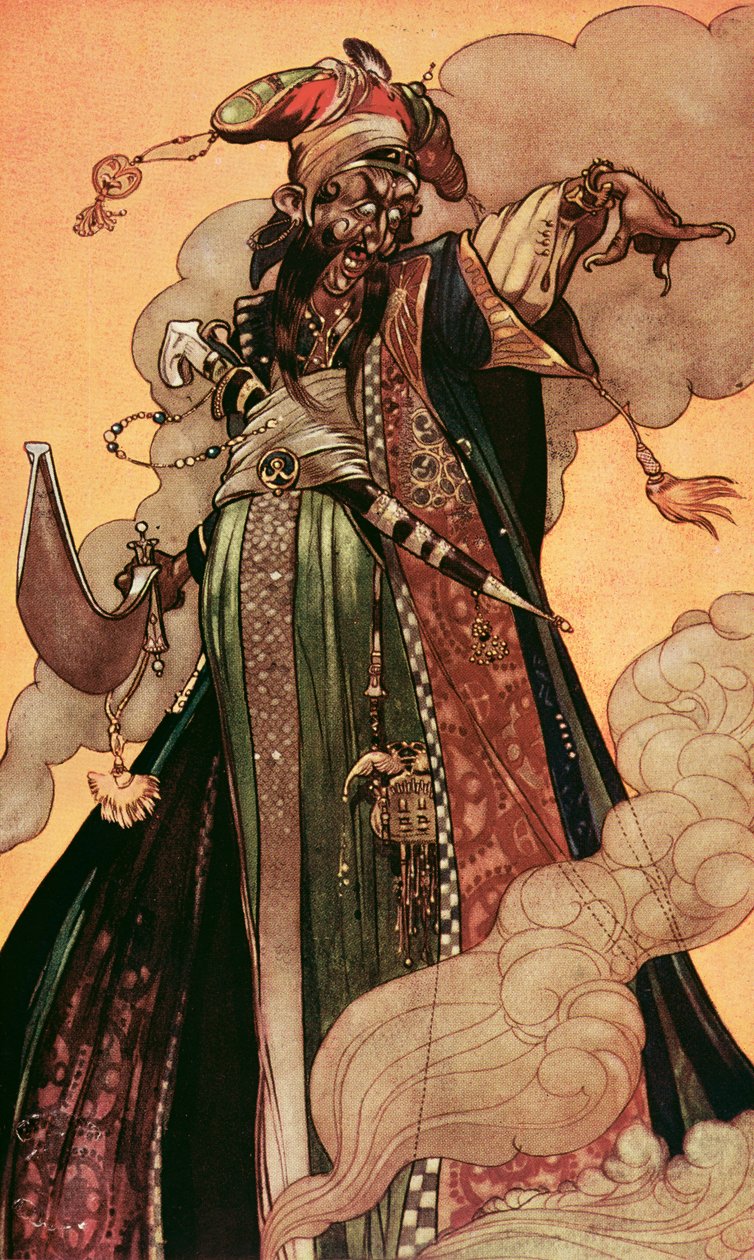 他看到一个体型巨大的精灵向他走来"，选自《一千零一夜》（彩色石版印刷）。 作者 雷内·布尔