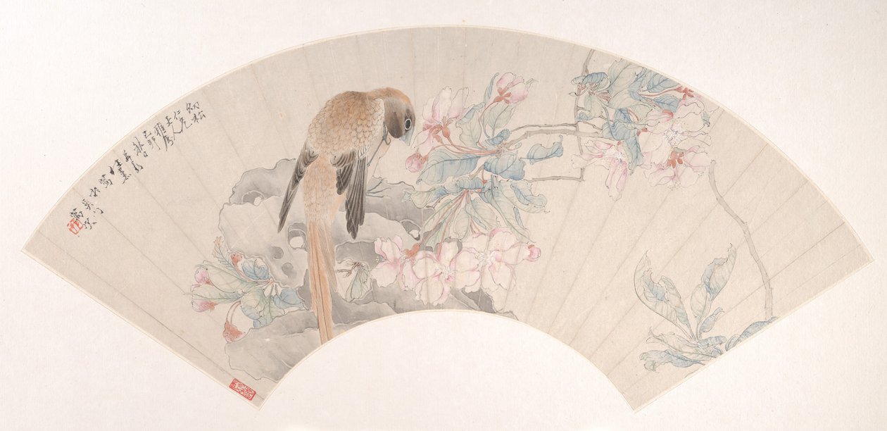 花枝旁岩石上的鸟，日期为1879年。 作者 任勋