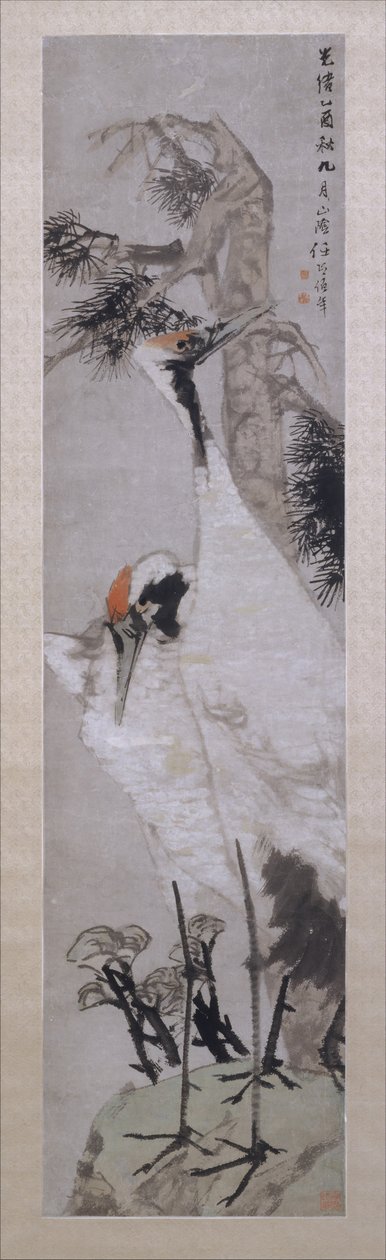 鹤、松树和地衣，日期为1885年。 作者 任义