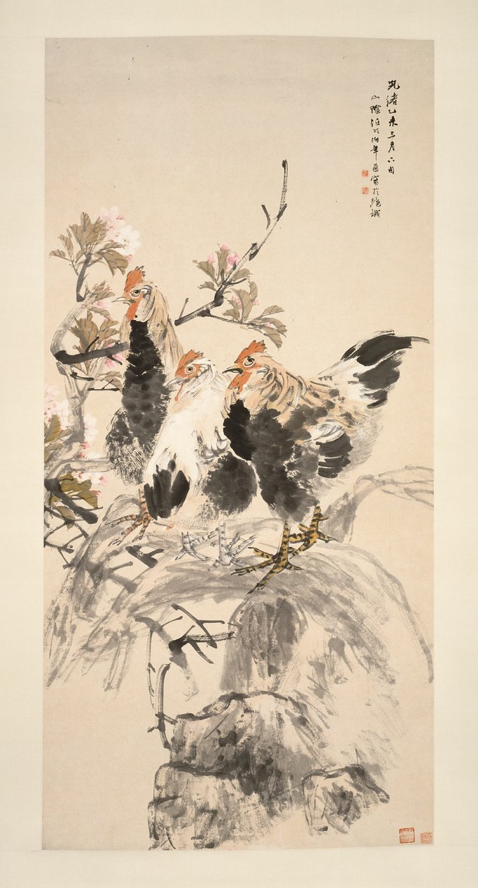公鸡和盛开的杏花 雄鸡图 作者 任义
