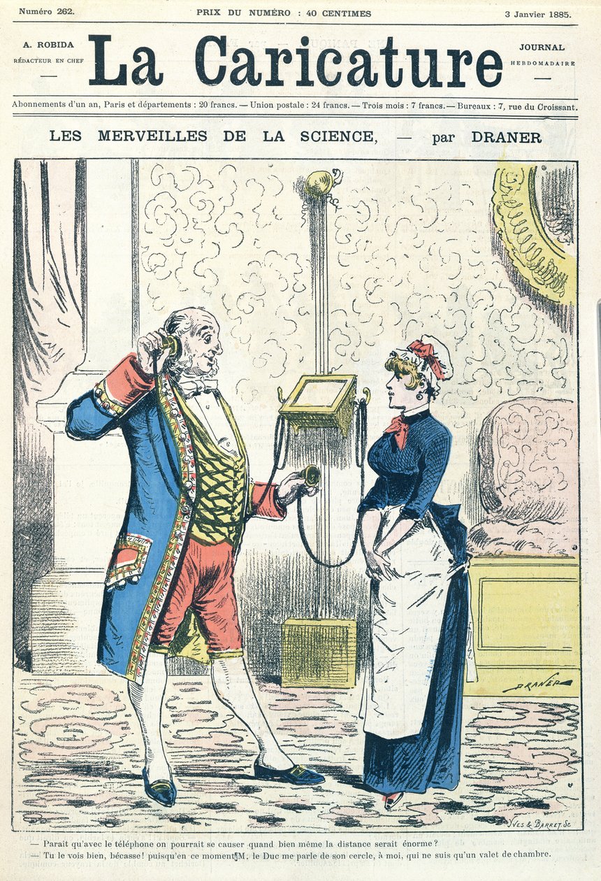 电话，插图来自&39;La Caricature&39;，由Yves und Barret雕刻，1885年1月3日 作者 雷纳德·朱尔斯·德兰纳