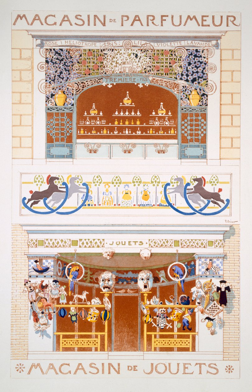 两个店面设计：一个香水卖家和一个玩具店，c.1880-95 作者 雷内·比内