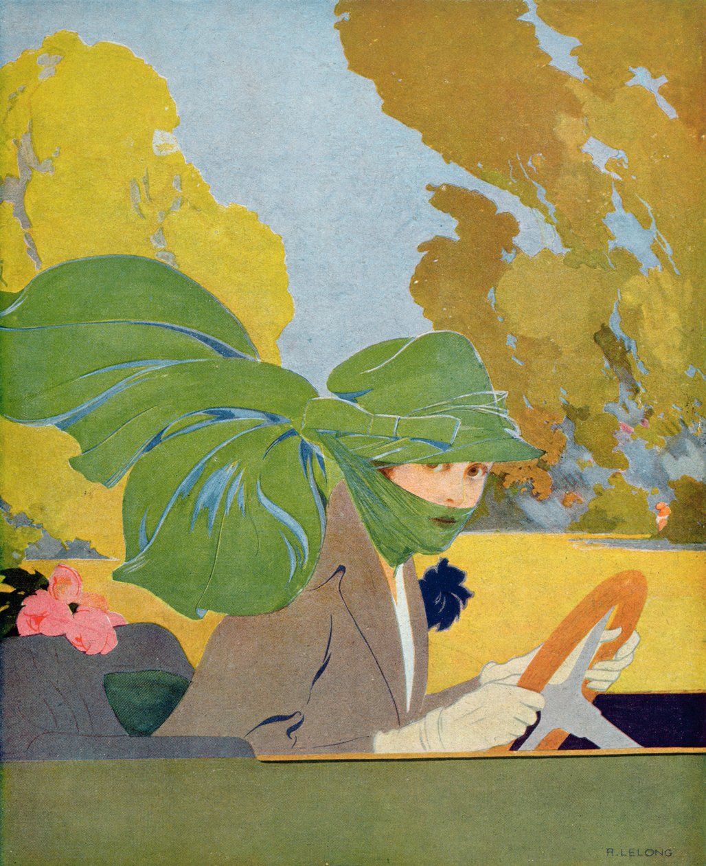Marthe Chenal驾驶她的汽车，来自&39;Femina&39;杂志的插图，1919年8月 作者 雷内·勒隆
