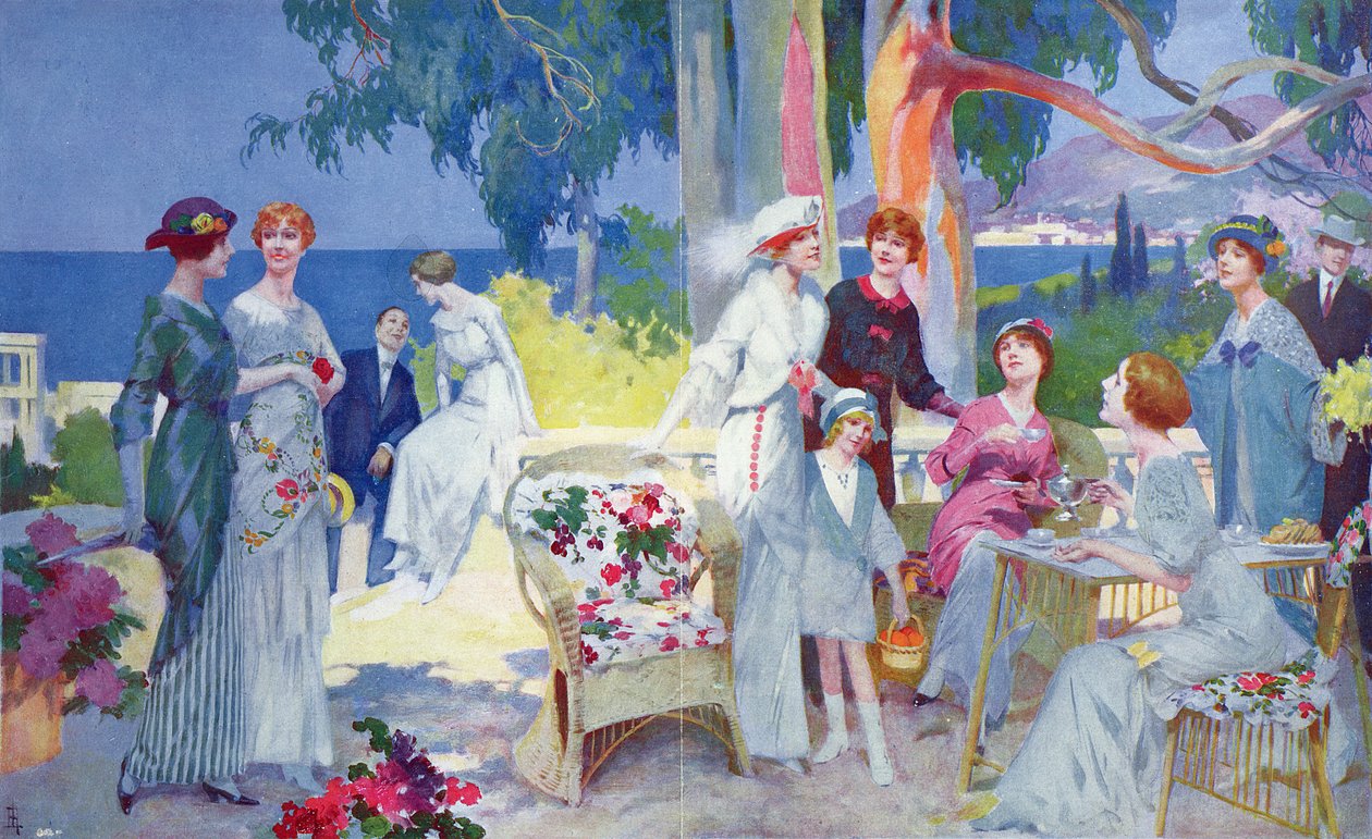 茶党在法国里维埃拉的一个庭院里，从&39;La Vie Heureuse&39;的例证，1913年3月 作者 雷内·勒隆