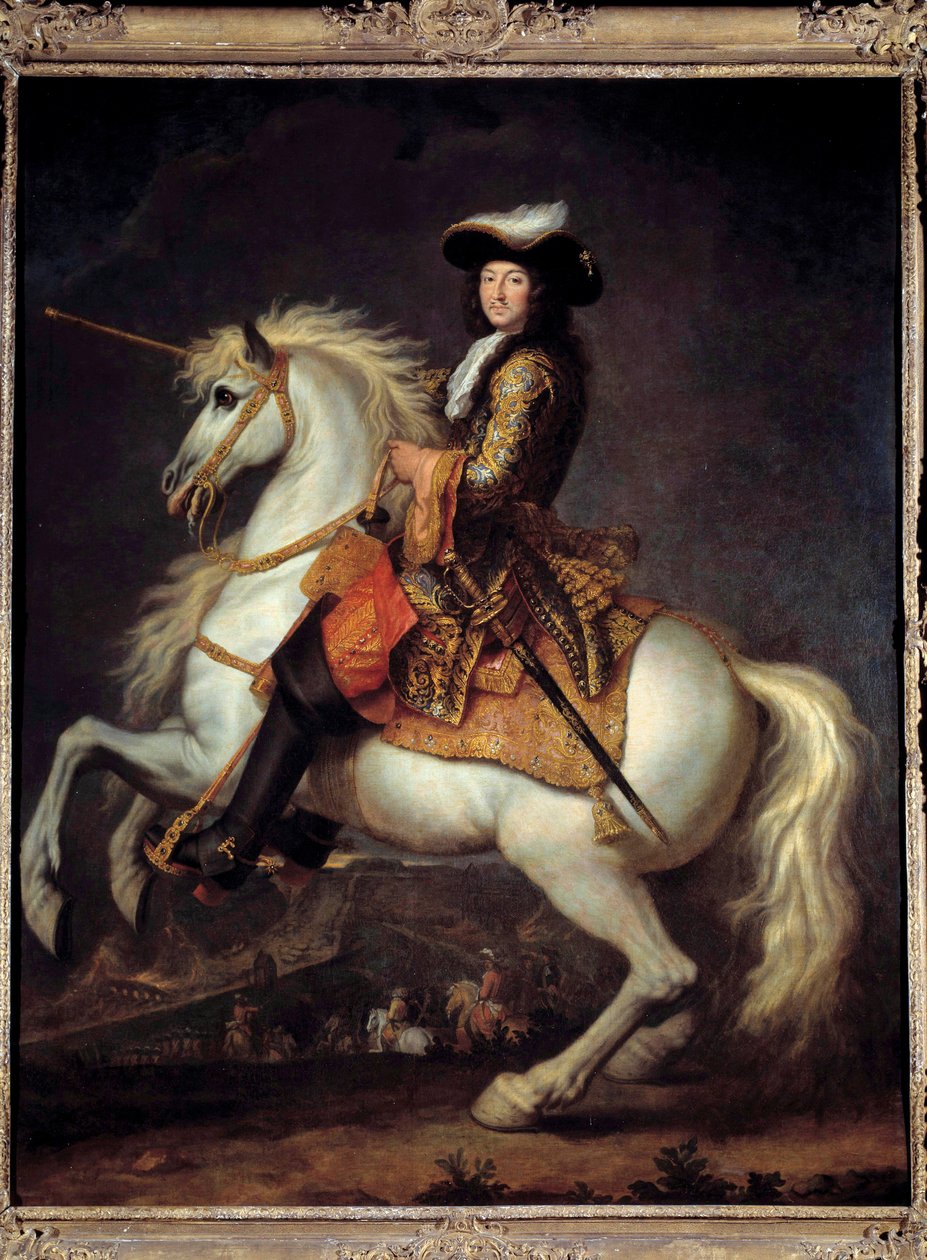 路易十四（1638-1715）的马术肖像。 靴子短裤。 由 Rene Antoine Houasse (1645-1710) 绘制的 17 世纪太阳。 2,55 x 2 m 作者 蕾妮·安托万·侯阿斯
