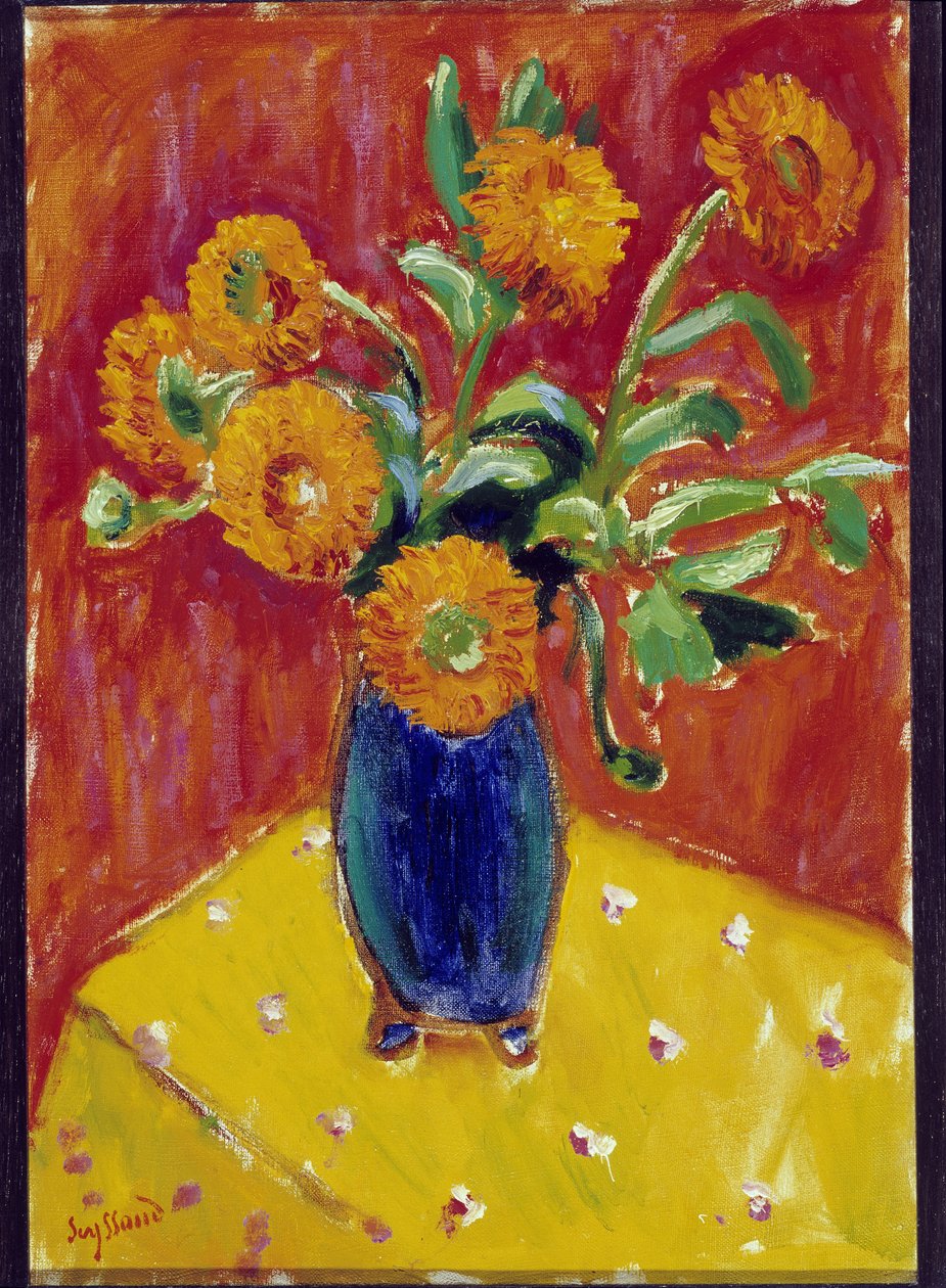 蓝色花瓶中的牡丹花束（布面油画） 作者 雷内·奥古斯特·赛索