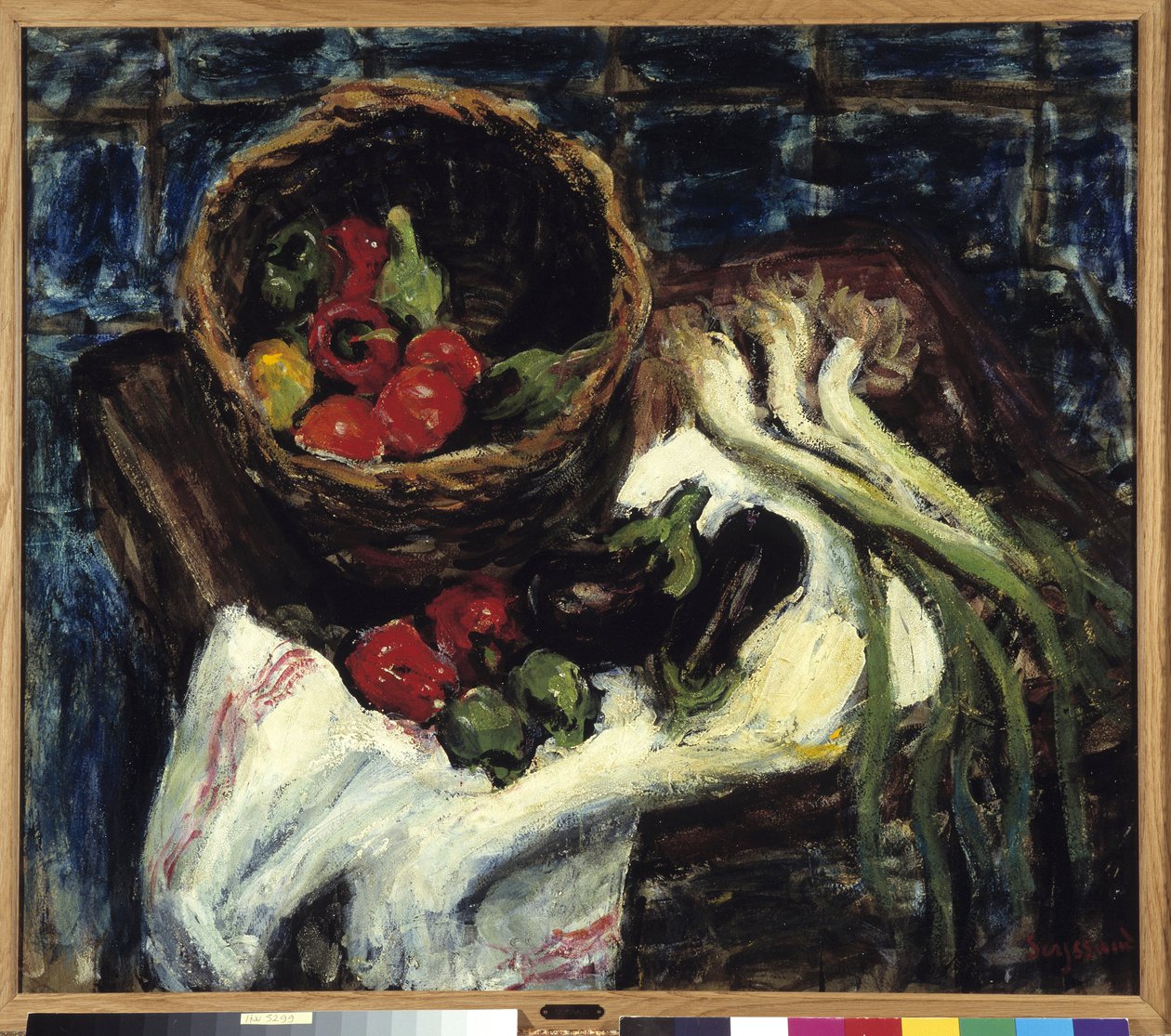 菜篮子辣椒、茄子和韭葱的静物（布面油画） 作者 雷内·奥古斯特·赛索