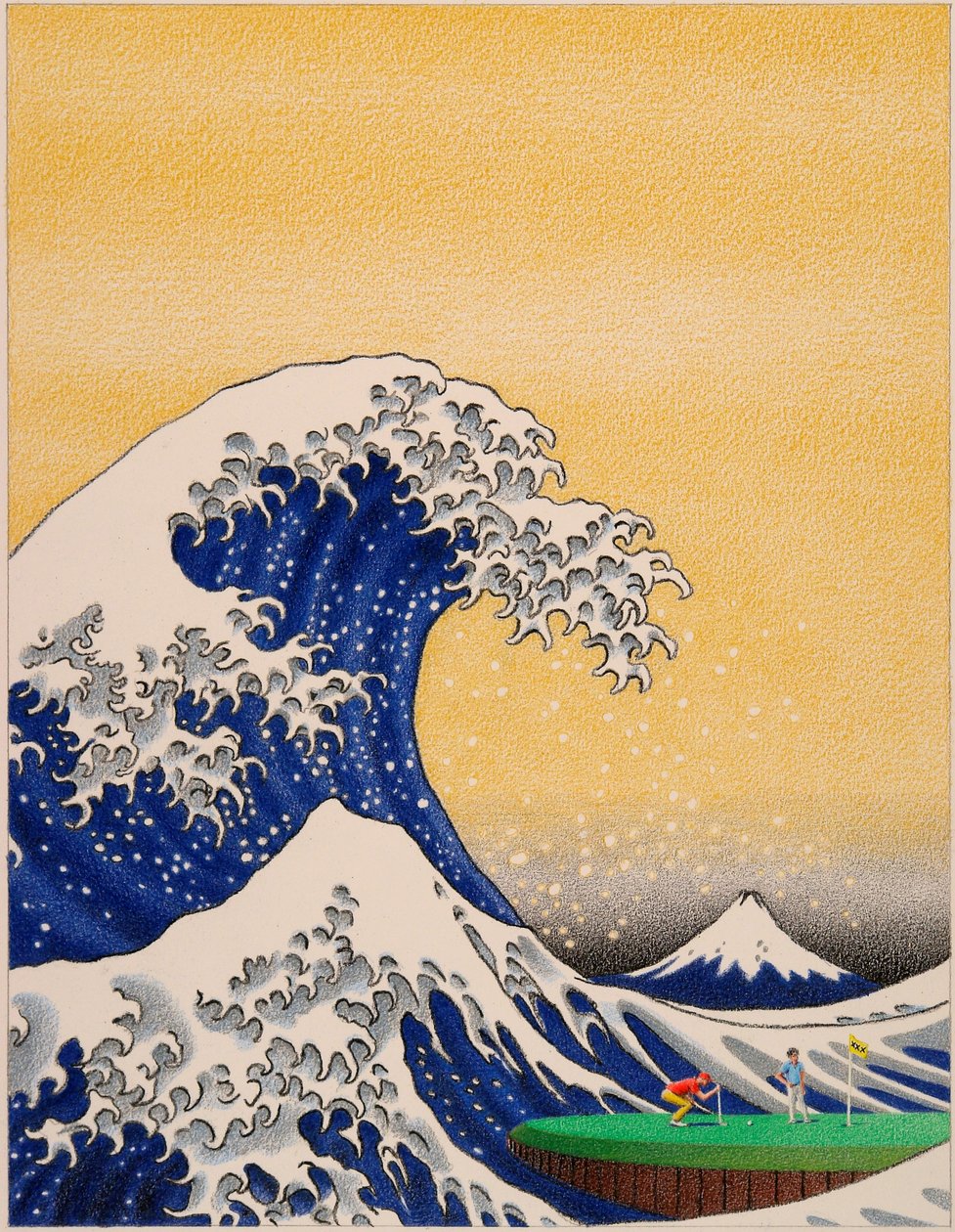 HOKUSAI-高尔夫，2021，纸上彩色铅笔画 作者 勒内·博安