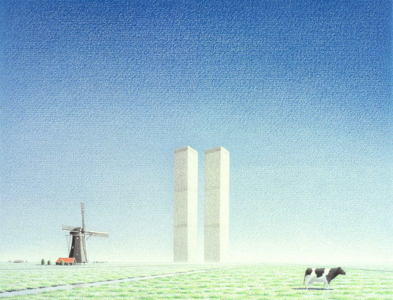 双子塔，2001 年，纸上彩色铅笔画 作者 勒内·博安