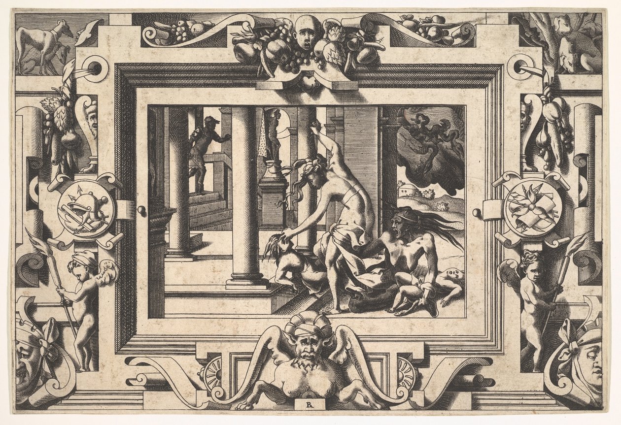 美狄亚（Medea）杀死了杰森（Jason）的两个孩子对于阿布赛尔特（Absyrte）那些洒了鲜血的人，只做...，1563年。 作者 雷内·博伊文（Rene Boyvin）