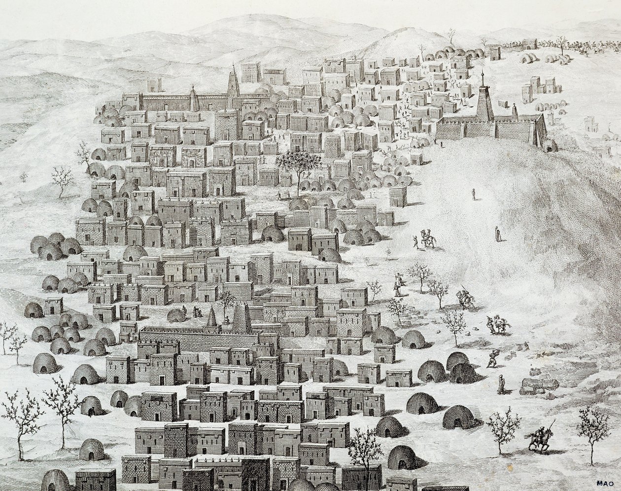 马里廷巴克图市的景色，雕刻自雷内-凯利（1799-1838）1824年至1828年期间在中部非洲到廷巴克图的旅行，非洲。 作者 雷内·卡利