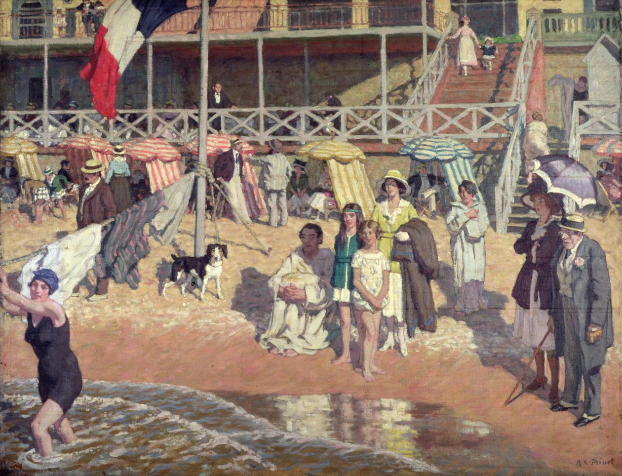卡布尔大酒店前的沐浴者，c.1920（面板油画） 作者 雷内·弗朗索瓦·泽维尔·普里内