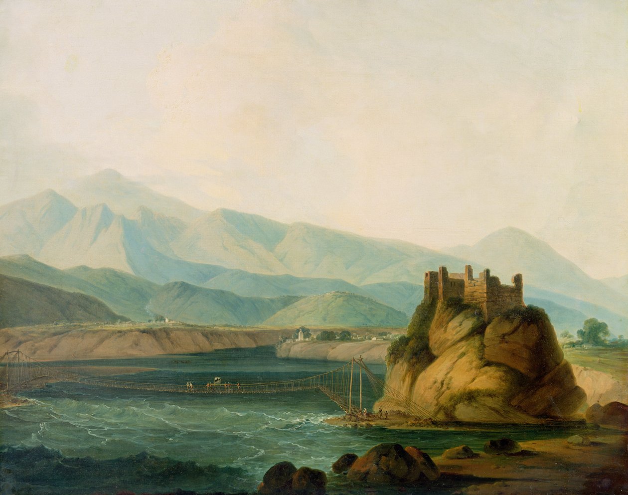 在Serinagur的绳索桥，c.1800 作者 爱德华·托马斯·丹尼尔（Edward Thomas Daniell）