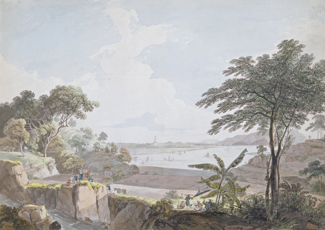 广州河的看法，在黄埔附近，中国，c.1785-94（wc und在纸上的石墨） 作者 爱德华·托马斯·丹尼尔（Edward Thomas Daniell）